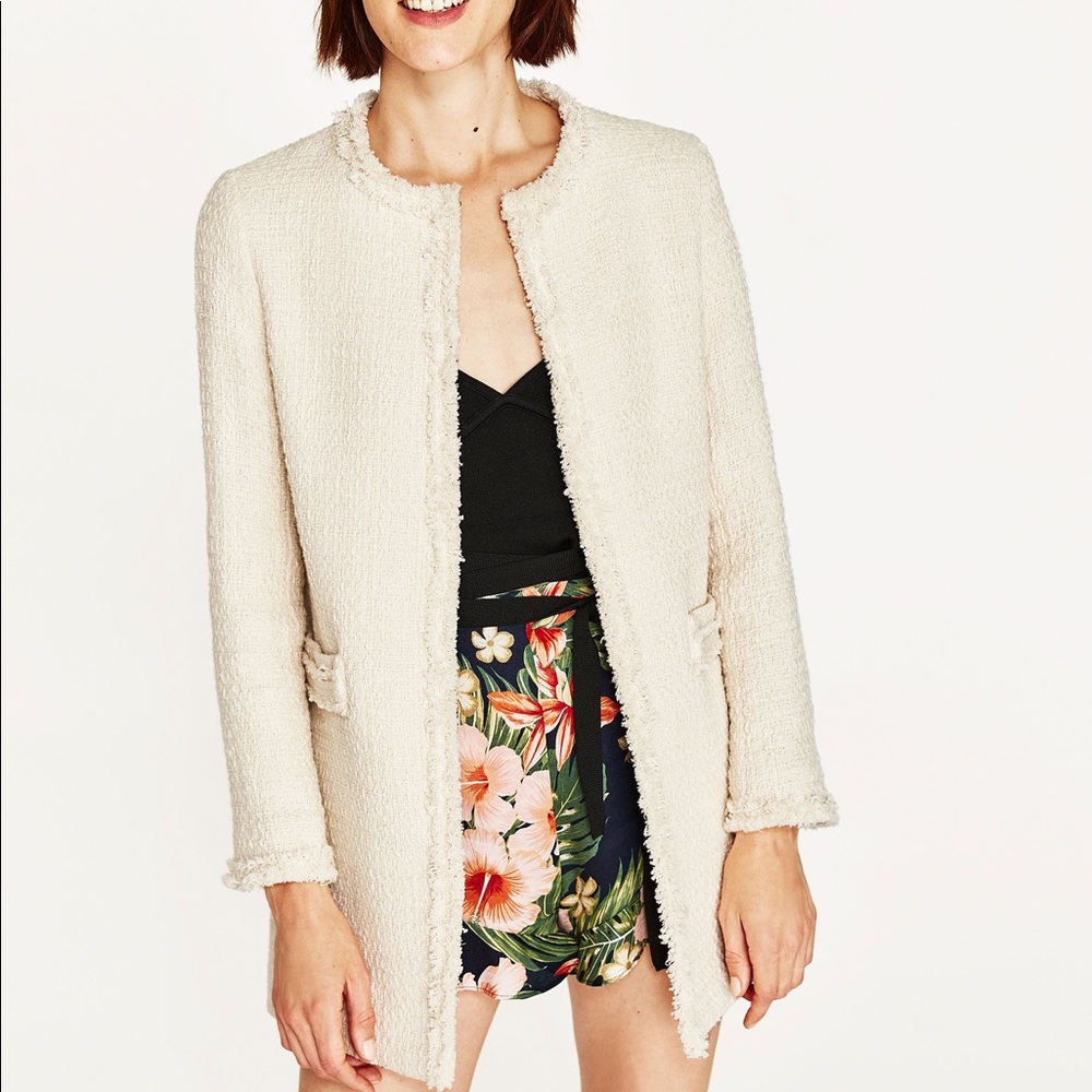 Zara Frayed Frock Coat Textured Weave Tweed M